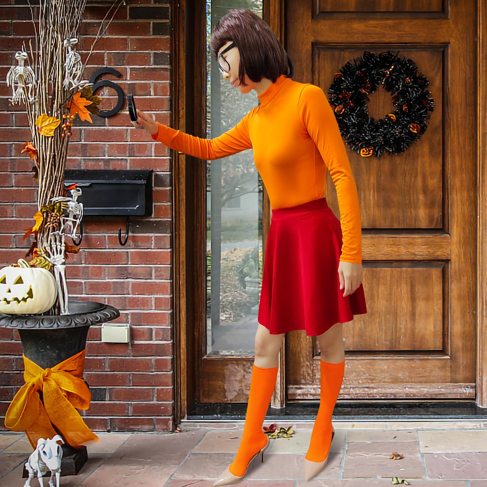 ATAMET Halloween Costume for Women,Sexy Long Sleeve Leotard Turtleneck Tops Bodysuit,Skater Skirt,Magnifying Glass,Socks