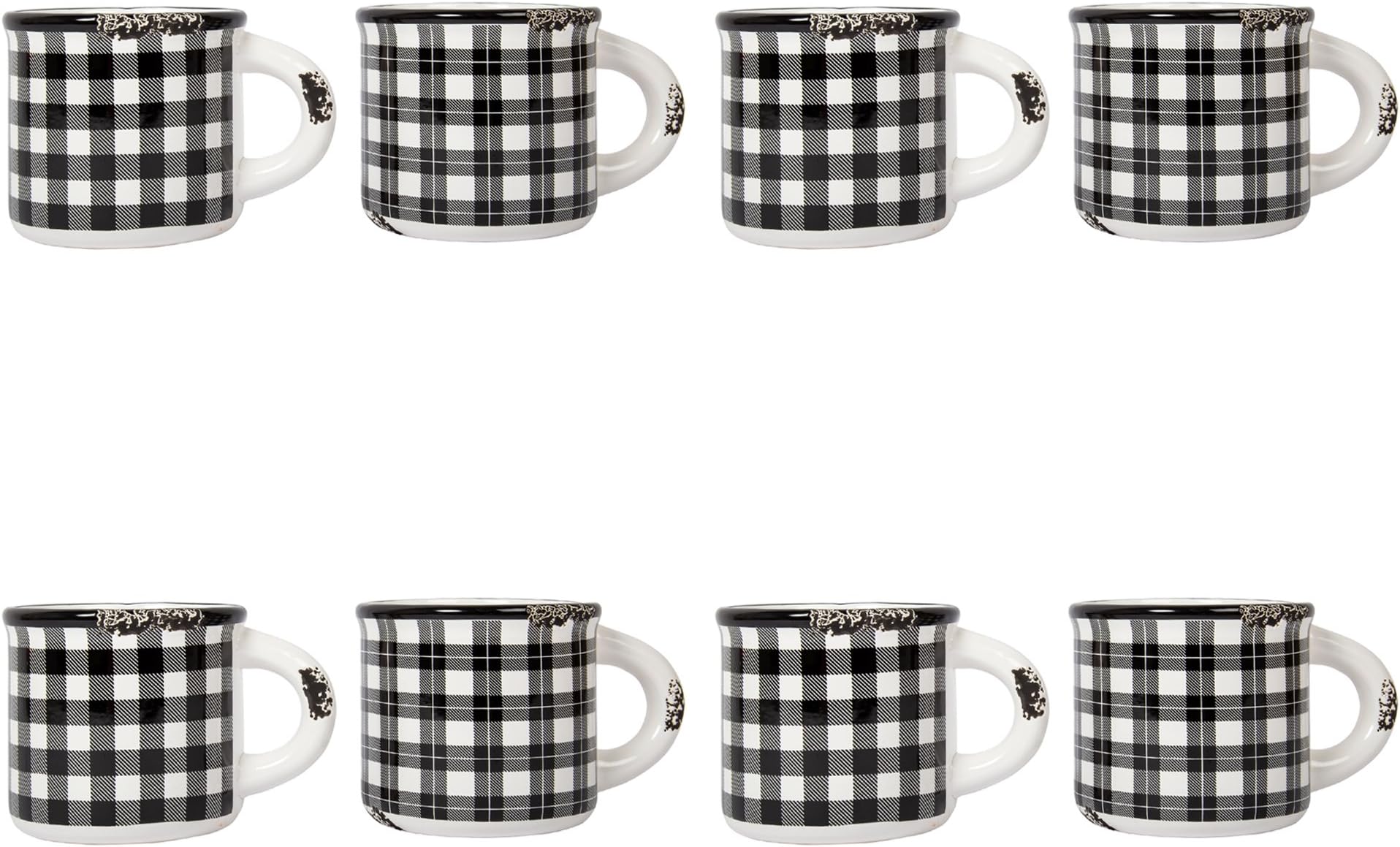 Luciano Housewares Stylish Plaid Ceramic Coffee Enamel Mug Set, 15.2 oz, Black,65920DF-8,8