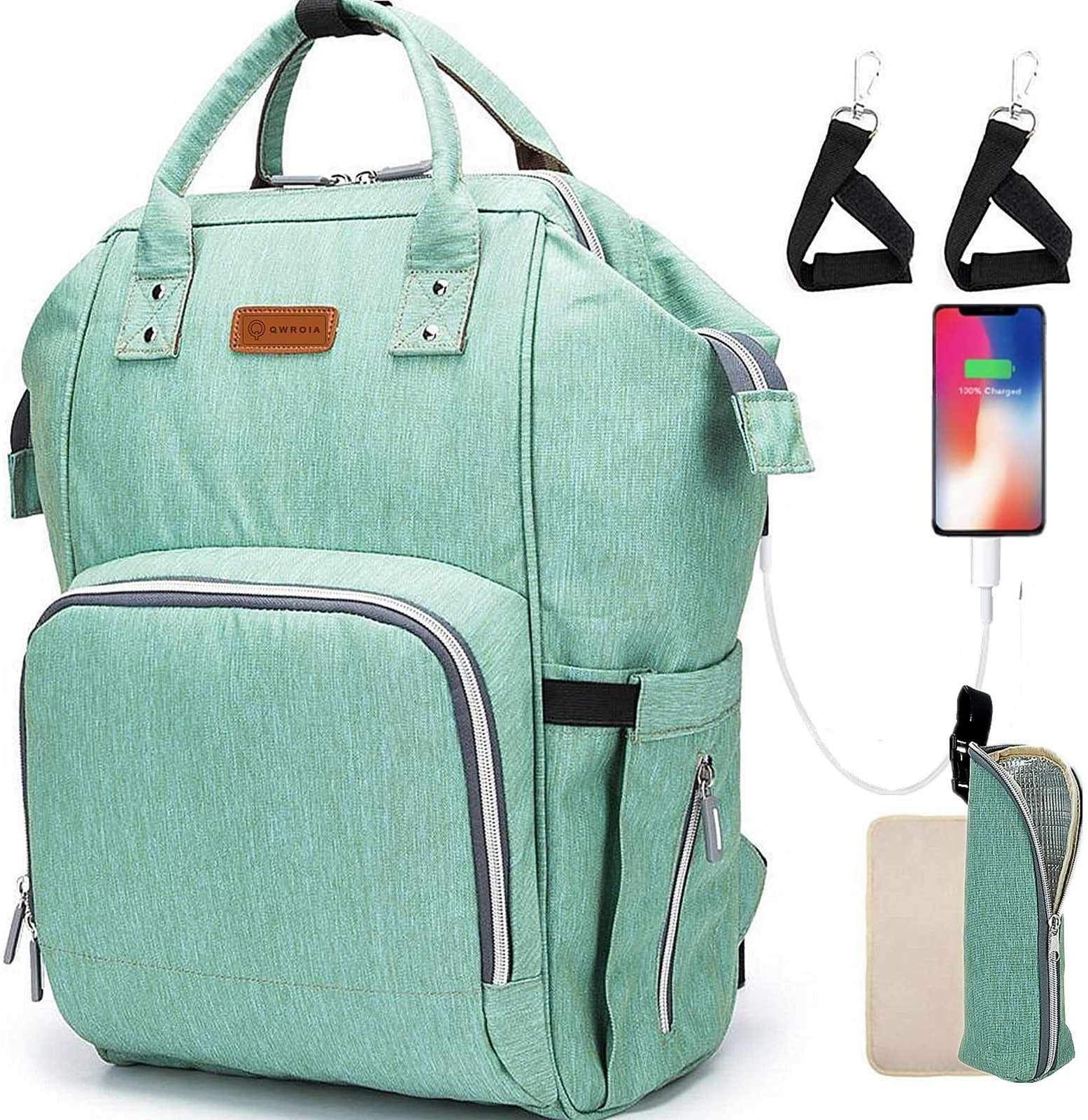 Diaper Bag Backpack with USB Charging Port Stroller Straps and Insulated Pocket, Durable Waterproof Large Capacity Multifunction Diaper Bag for Mom for Travel,by Qwreoia (Green))