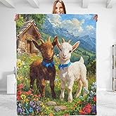 dhakalrlde Rustic Goat Blanket,Farm Decorative Throw with Colorful Flower and Cabin Mountain Scene,Lightweight Flannel Blankets for Outdoor,Picnic,Travel,Ideal Gifts for Kids Animal Lovers 50"x60"