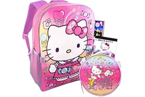 Hello Sanrio Hello Kitty Backpack Lunch Box for Girls, Kids - 4 Pc Bundle with 16" Pink Hello Kitty School Bag, Lunch Bag, 100+ Stickers, Activity Pages, Cat Door Hanger