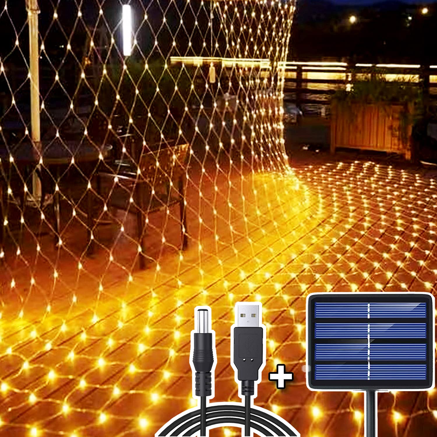 204 LED Net Lights Outdoor, 3Mx2M Mesh Fairy String Lights Solar/USB Powered Rechargeable Copper Wire Light, Weatherproof Garden Net Curtain Light, Christmas Decorative for Balcony Fence, Warm White