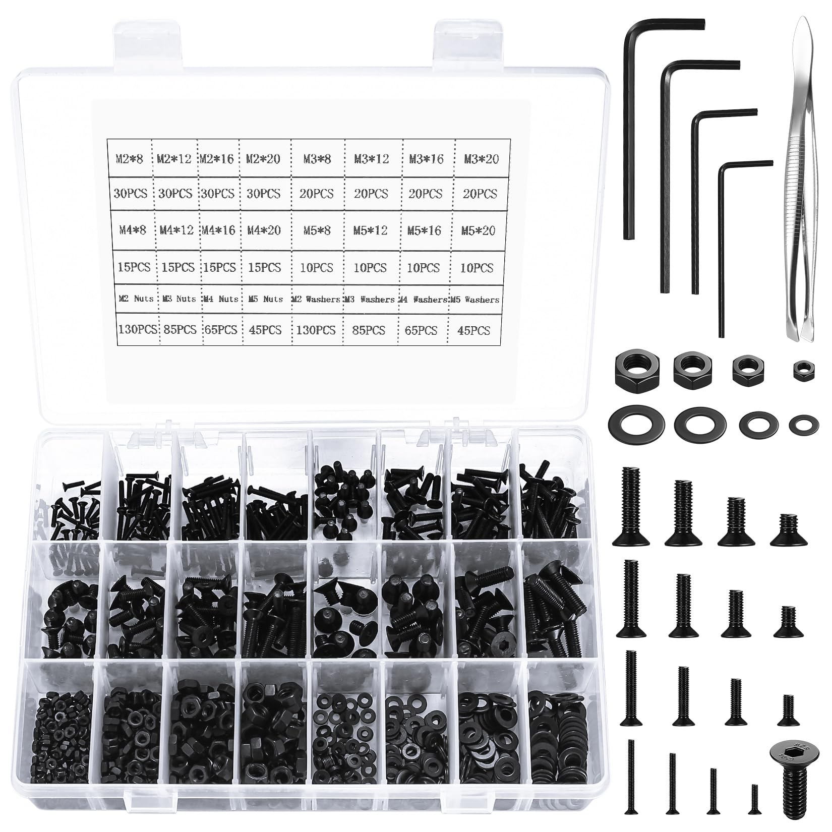 950 Pcs carbon steel Flat Head Screws, Nuts, and Washers Assortment Kit, M2/M3/M4/M5 Hex Socket Bolts, Countersunk Screws with Hex Nuts Washers Set for Various Applications(950 black) — image 1