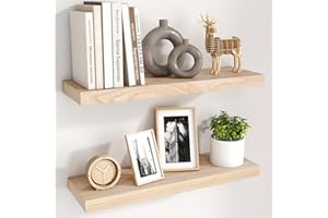 FUQING Natural Wood Floating Shelves, 24 Inch Wood Floating Shelves Set of 2, Natural Raw Wood Shelves for Living Room Bedroom Home Office - Natural