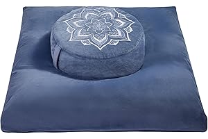 hunnidspace Meditation Zafu Cushion Set with Buckwheat Hulls & Memory Foam - Ergonomic Support for Yoga & Sitting - Removable Machine-Washable Luxury Velvet Cover - for Adults and Kids (Blue)