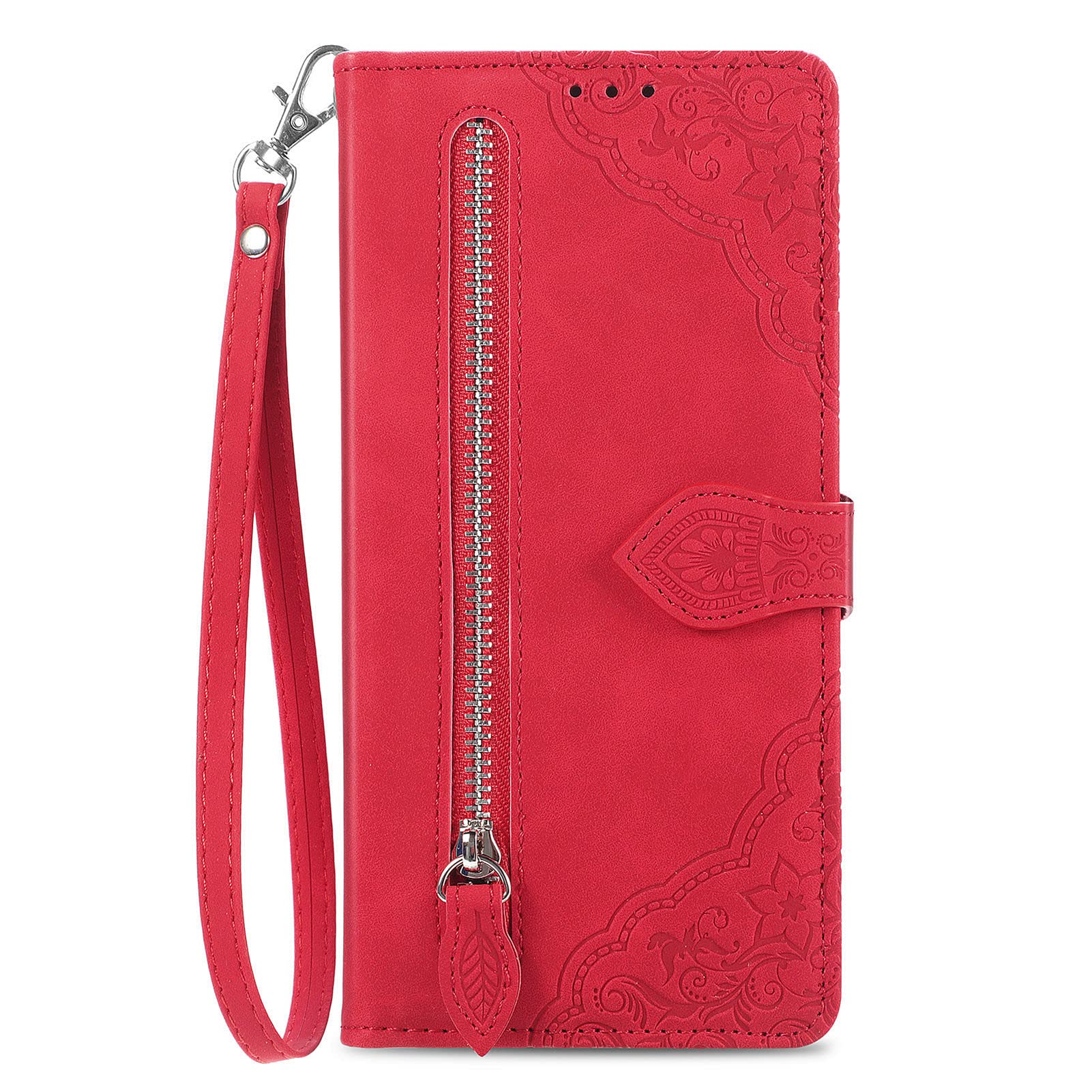 NEXCURIO Zip Wallet Case Compatible with Apple iPhone 13 Pro Phone Case Wallet with Credit Card Holder Strap Stand Women Leather Flip Case Floral Folding Cover Shockproof - Red