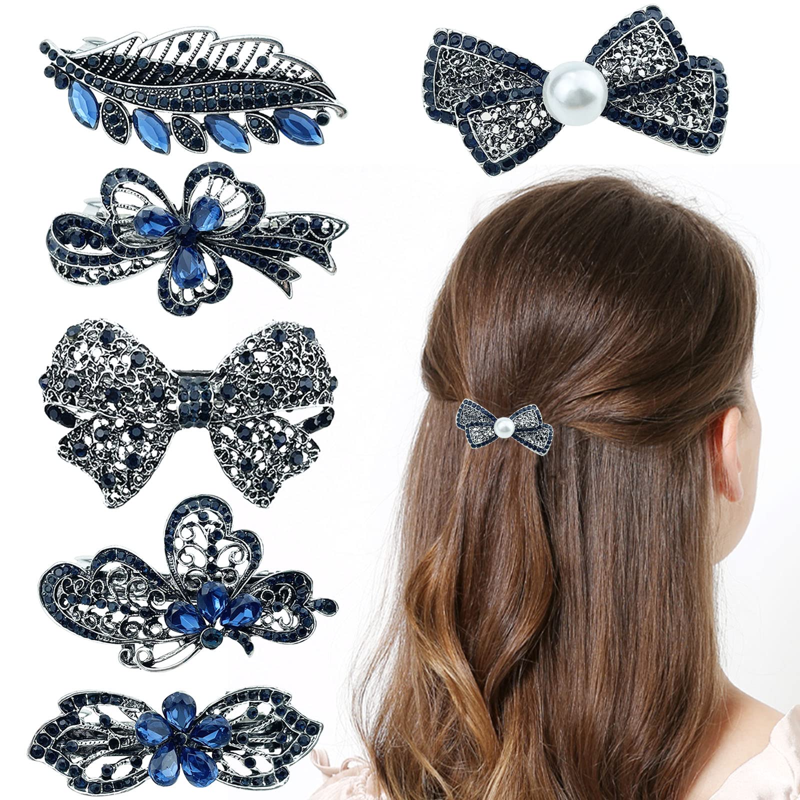 6 Pcs Ink Blue Vintage Hair Barrettes Rhinestones Butterfly Hair Barrettes Pearl Retro Hair Pins Flower Hair Clips for Women Girl Valentine's Day Mothers Day