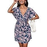 CUPSHE Women's Bathing Suit Cover Up Short Sleeve Printed Summer Beach Cover Ups Mini Dresses