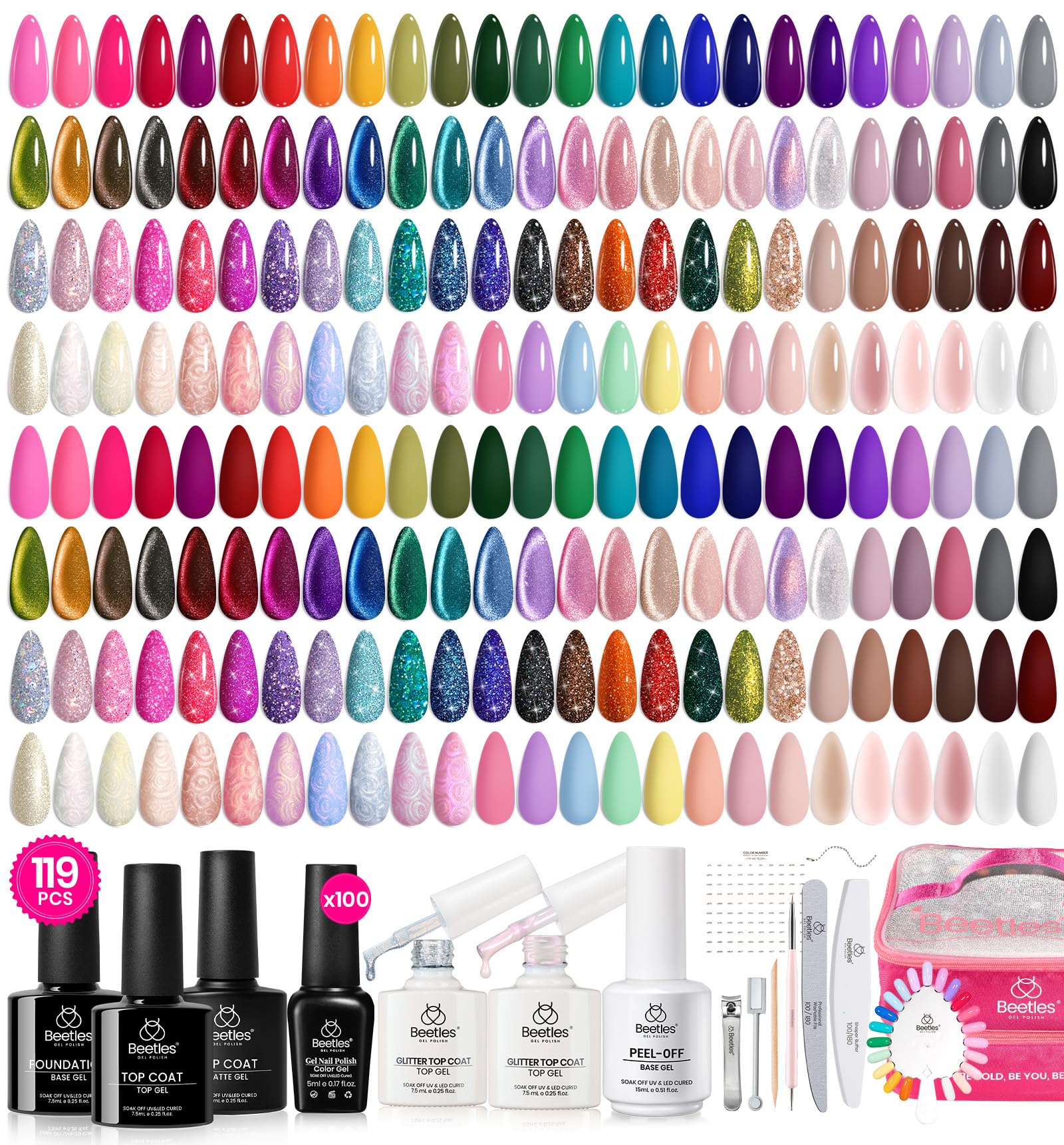 Beetles Gel Nail Polish Set, 119 PCS 100 Colors Gel Polish Kit Base Glossy Matte Glitter Top Coat Gel Polish Pastel Glitter Pearl Cat Eye White Red Pink Nude Green Blue Gel Valentines Gift for Women