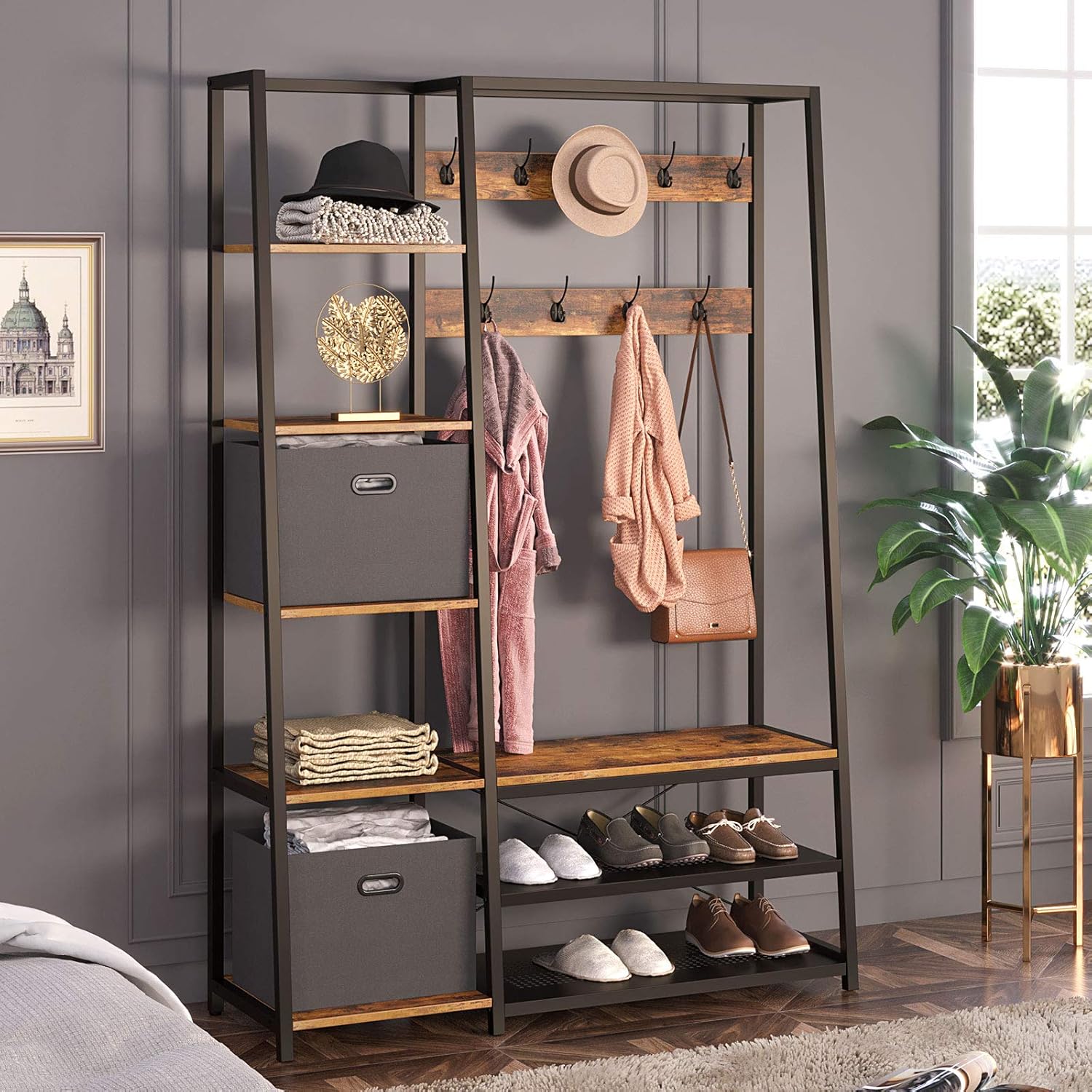 Rolanstar Hall Tree with Side Storage Shelves, Entryway Hall Tree with Shoe Bench and Coat Racks and 2 Foldable Cube Storage Bins,for Entryway, Bedroom, Sturdy and Easy Assembly: Home Improvement