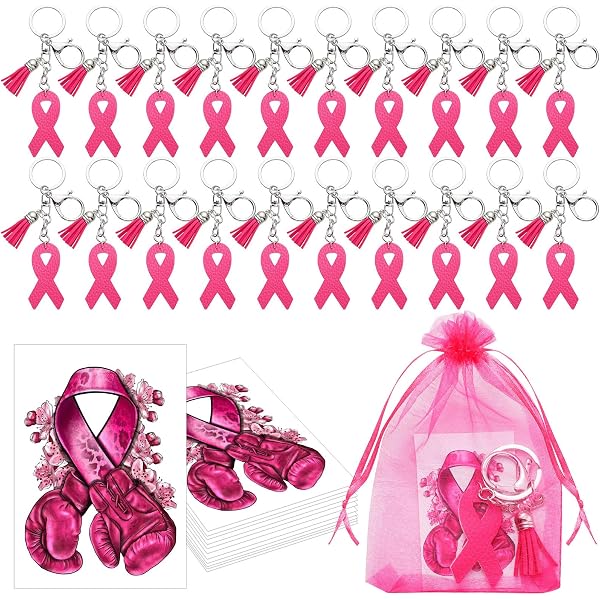 Pack De 4 Llaveros De Concienciación Sobre El Cáncer De Mama - Cinta Rosa Con Dije Y Borlas
