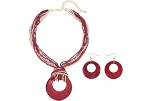 Coiris Multi Strand Statement Colorful Beaded Necklace with Big Circle Shell Pendant for Women