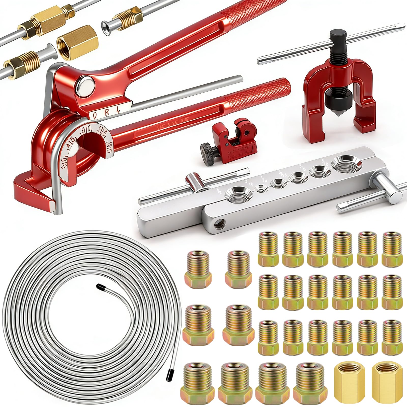 Photo 1 of smseace 26Pack 3/16 Inch Brake line kit Include 25 FT Zinc-Plated Brake Lines with Fitting(16pcs Fittings,2pcs Union+4pcs Nut) Brake line Bender,Single Flare Tool,Cutter 3/16 Inch Brake line kit