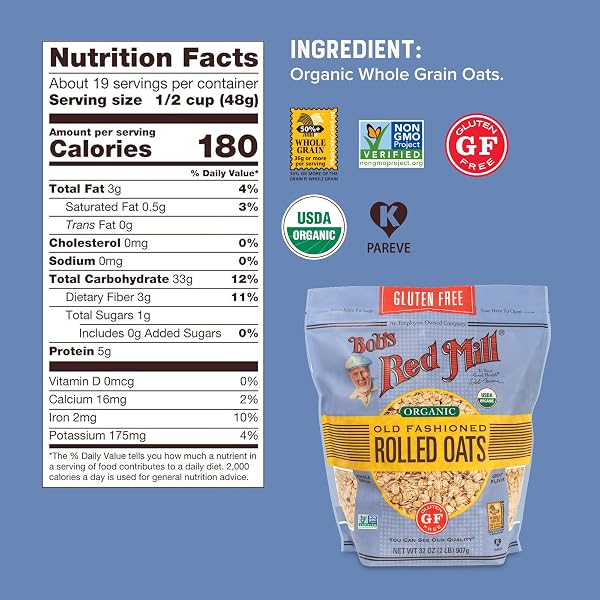 BOB’S RED MILL GLUTEN FREE ORGANIC OLD FASHIONED ROLLED OATS, 32OZ (PACK OF 1) – GLUTEN FREE, ORGANIC, NON GMO, WHOLE GRAIN, VEGAN, KOSHER