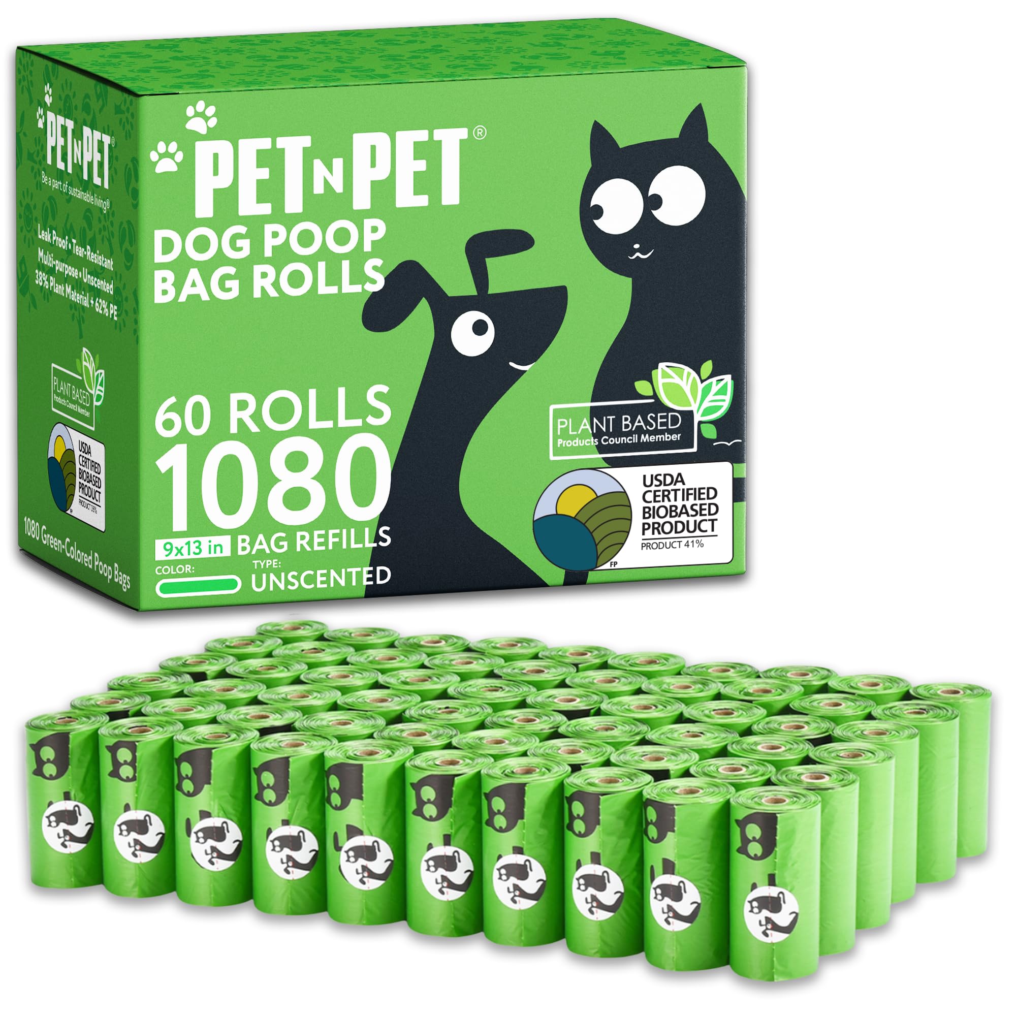 PET N PET 1080 Count Poo Bags Dogs USDA 41% Plant Based 72 Thick Dog Poop Bags Rolls 9x13 Leak-Proof Unscented