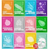 12 Pack Collagen Hydrating Face Masks Skincare, Face Mask for Dry Skin | Sheet Facial Masks Set for Women Skin Care, Face Mask Bulk Spa Gifts