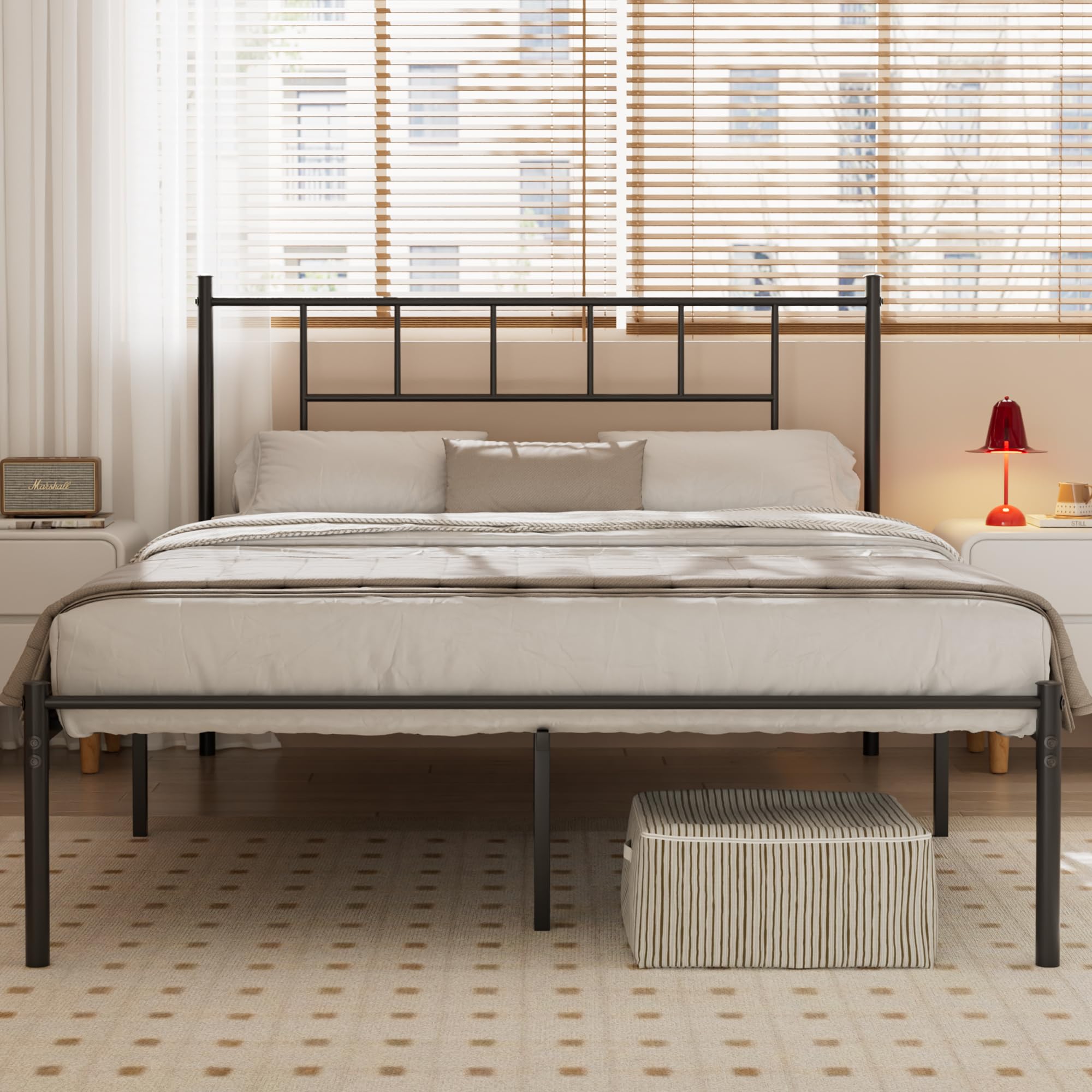 Photo 1 of VECELO Queen Metal Platform Bed Frame with Headboard, Heavy Duty Steel Slat Support, Under Bed Storage,No Box Spring Needed, Easy Assembly