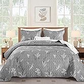 Drucon Grey Quilt Set King Size - 3 Pieces Branch Botanical Quilt Coverlet Set, Reversible Gray White Leaves Floral Bedspreads, Lightweight Microfiber Bedding Set with 2 Pillow Cases