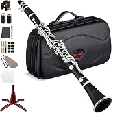 Bb Clarinet Kit for Intermediate, Ebonite Body, Silver-Plated Keys | 17-Key French System, 2 Barrels, 4C Mouthpiece, School Band Orchestra, Student, Complete Kit
