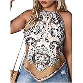 Floerns Women's Plus Size Floral Print Halter Tops Sleeveless Hanky Hem Western Tank Top