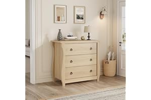 Modern 3-Drawer Wood Dresser with Rattan Detailing – Curved Mid-Century Legs, Deep Drawers, Anti-Tip – Freestanding Storage C