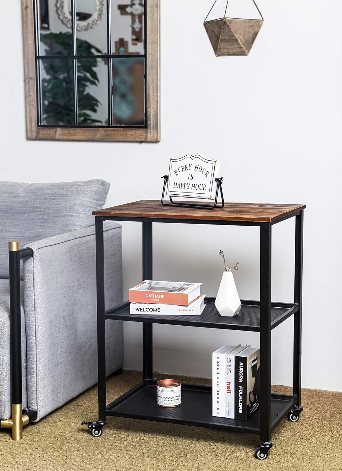 cosco serving cart folding gray on Rustic Brown Industrial Rolling Serving Bar Cart With Metal Frame For Living Room 3 Tier Kitchen Utility Cart With Wheels Hawoo Kitchen Microwave Cart Home Kitchen Game Recreation Room Furniture Nettserier No