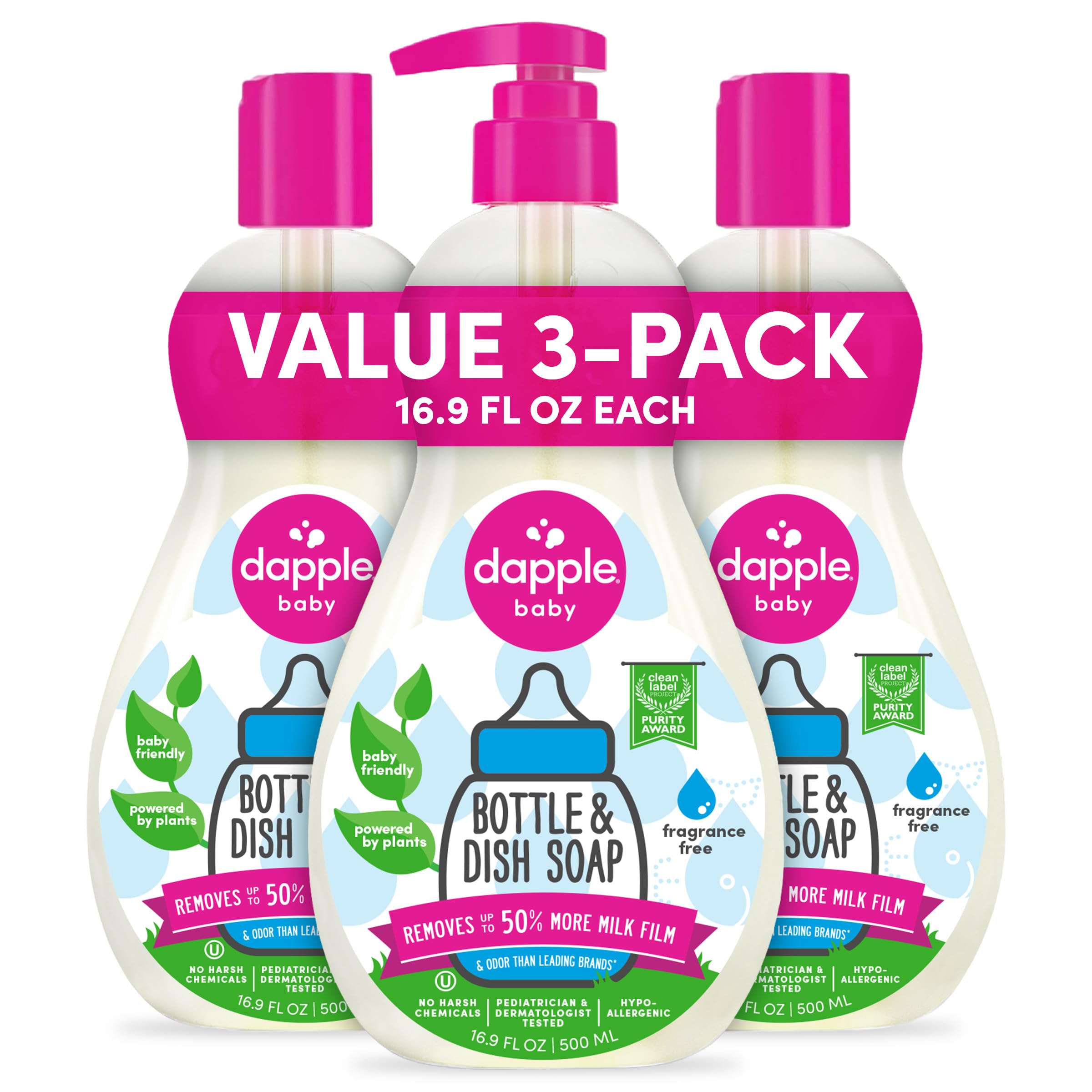 Dapple Baby - Fragrance Free Bottle & Dish Soap - 16.9 fl oz (3 Pack) | Cleans Baby Bottles, Sippy Cups, Pacifiers, Breast Pu