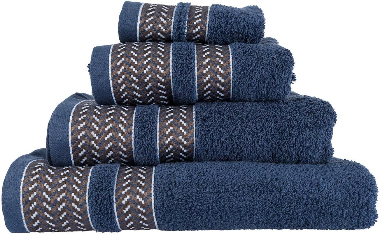 HOMESCAPES 500 GSM Navy Blue Bath Towel with Chevron Pattern Panel Ultra Absorbent 100