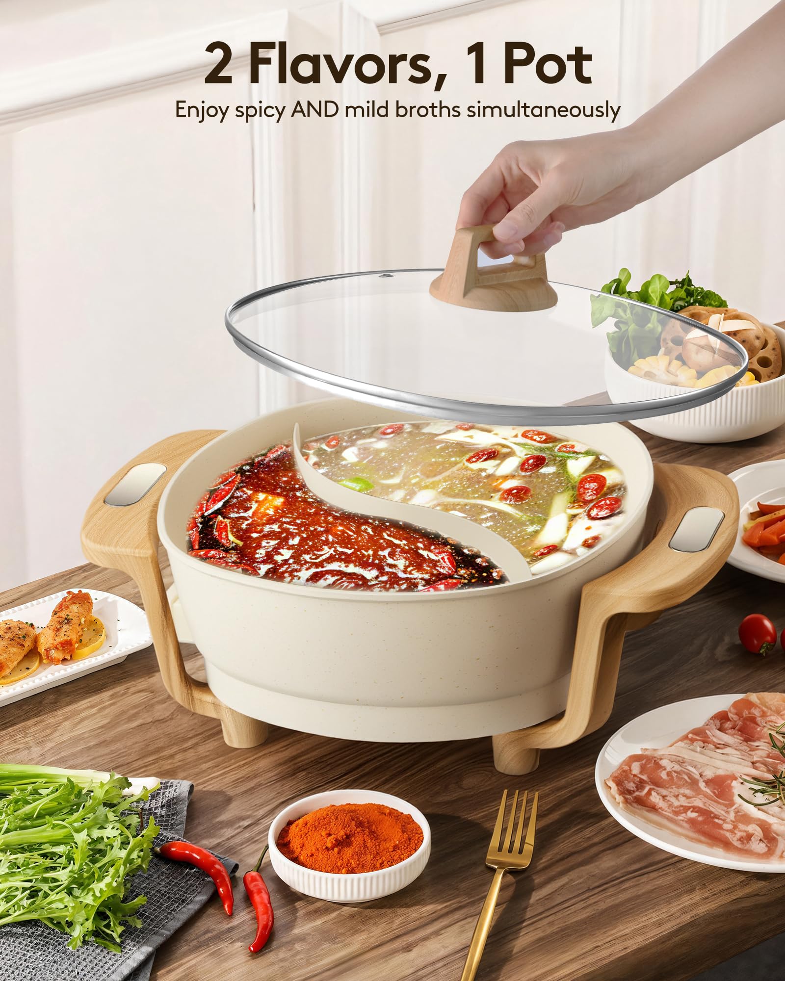 Hot Pot Electric Hot Pot with Divider, Large 6L Nonstick Dual-Sided Shabu Shabu Pot Dual-Flavor hotpot electric 1500W with Adjustable 5-Temperature Control ，Perfect for Family Dinners & Parties
