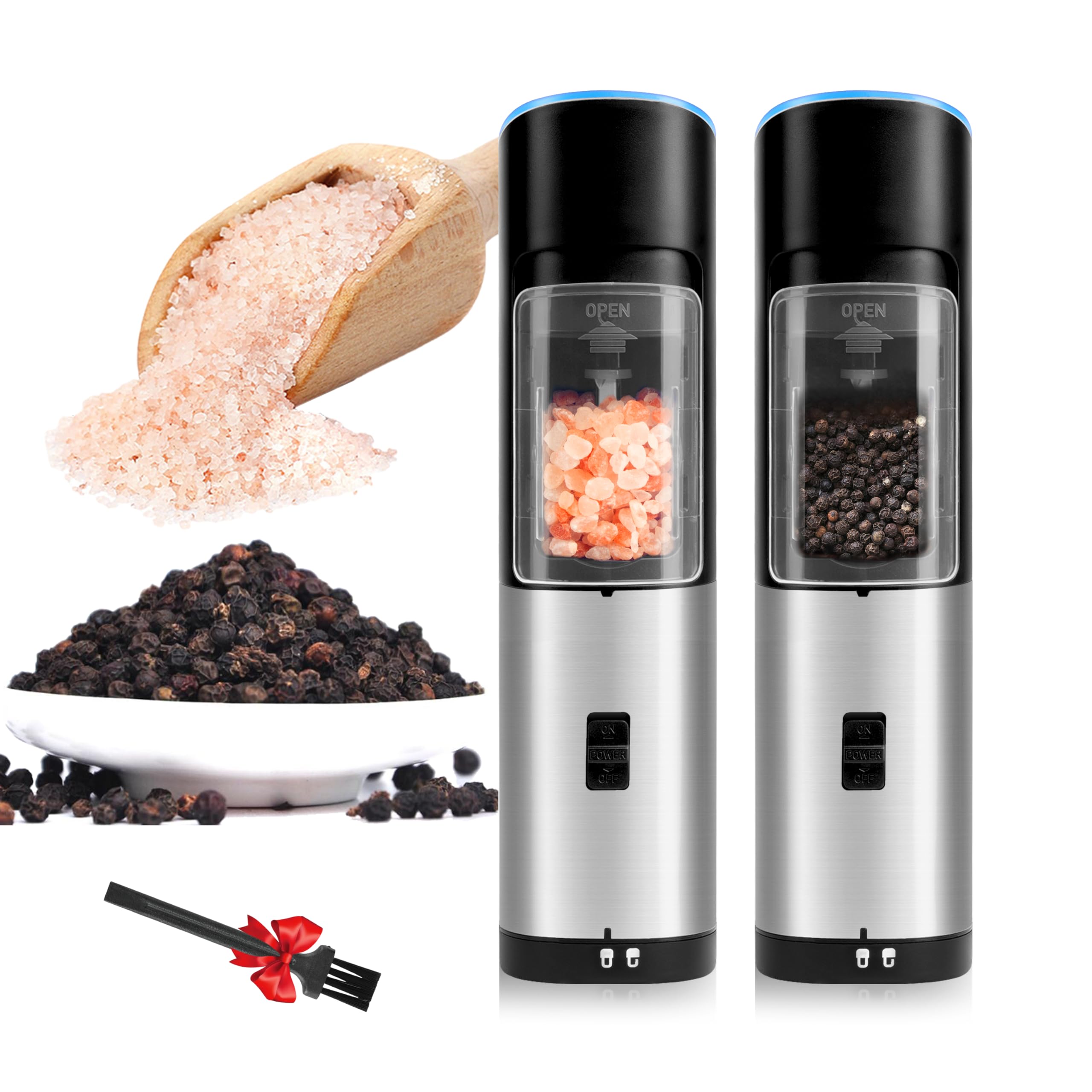 Photo 1 of Gravity Electric Pepper and Salt Grinder Set of 2 Pack, One Hand Automatic Shakers Mill, Adjustable Coarseness, Battery Powered with LED Light, Brushed Stainless Steel Perfect for Kitchen