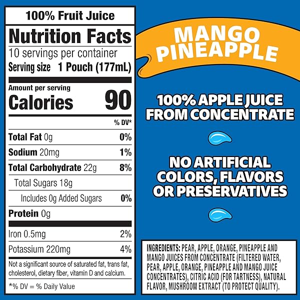 CAPRI SUN MANGO PINEAPPLE FLAVORED 100% JUICE BLEND FROM CONCENTRATE WITH ADDED INGREDIENTS AND OTHER NATURAL FLAVOR, 10 CT BOX, 6 FL OZ POUCHES