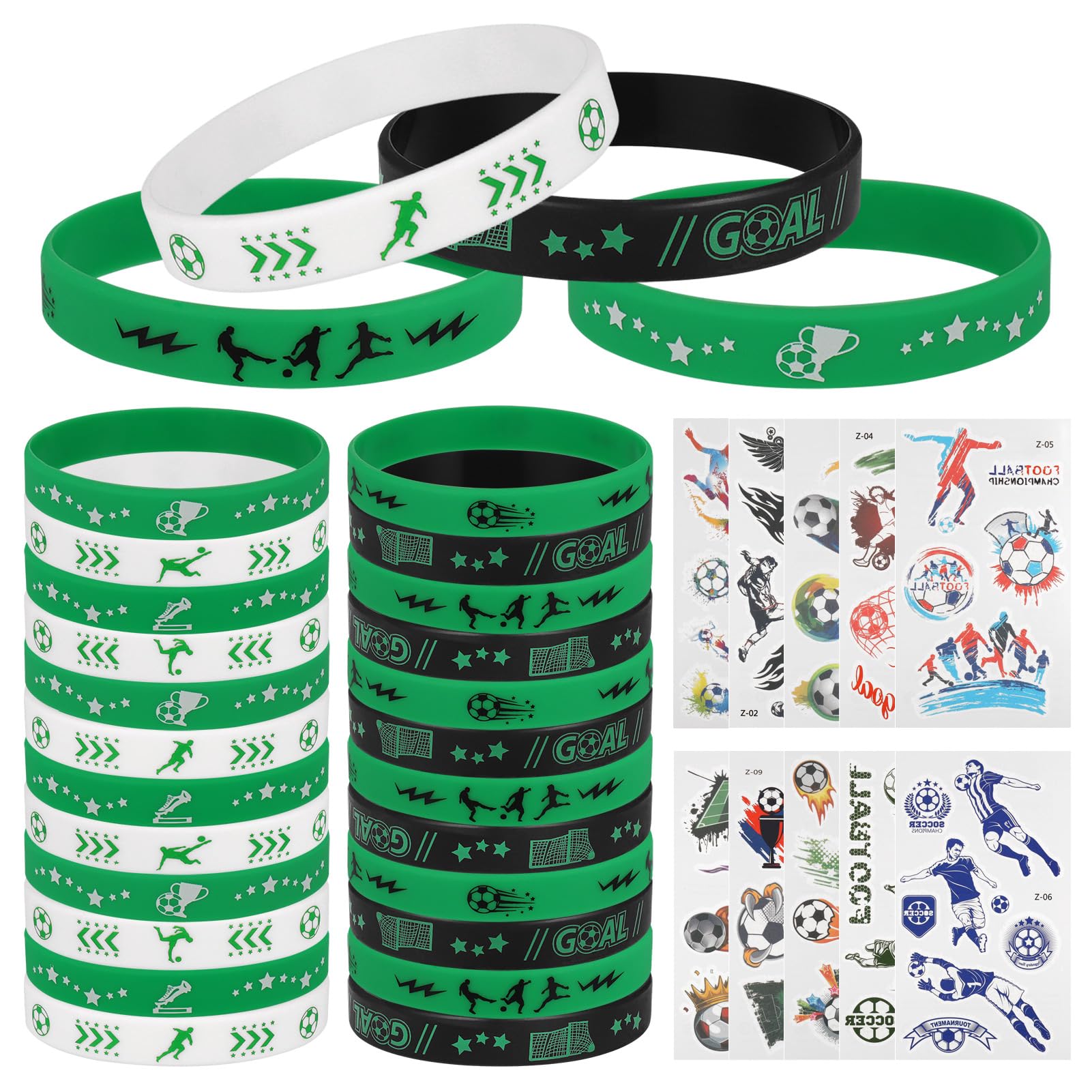Zocipro Football Silicone Wristbands, 24Pcs Rubber Soccer Wristband Bracelets with 10 Football Themed Stickers, Football Sports Party Favours Gift for Kids Boys (4 Styles), Green, Black, White