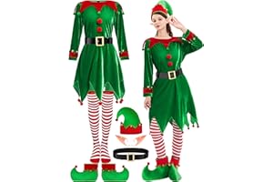 FancyFun 6 Pack Elf Costume for Women Christmas Outfit Velvet Dress Santa's Helper Costume Belt Socks Elf Hat Shoes Cosplay
