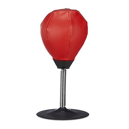 Relaxdays Punchingball Tisch, Boxbirne Schreibtisch, Büro Punching Ball, Anti Frust, HxBxT: 35 x 18 x 18 cm, rot-schwarz