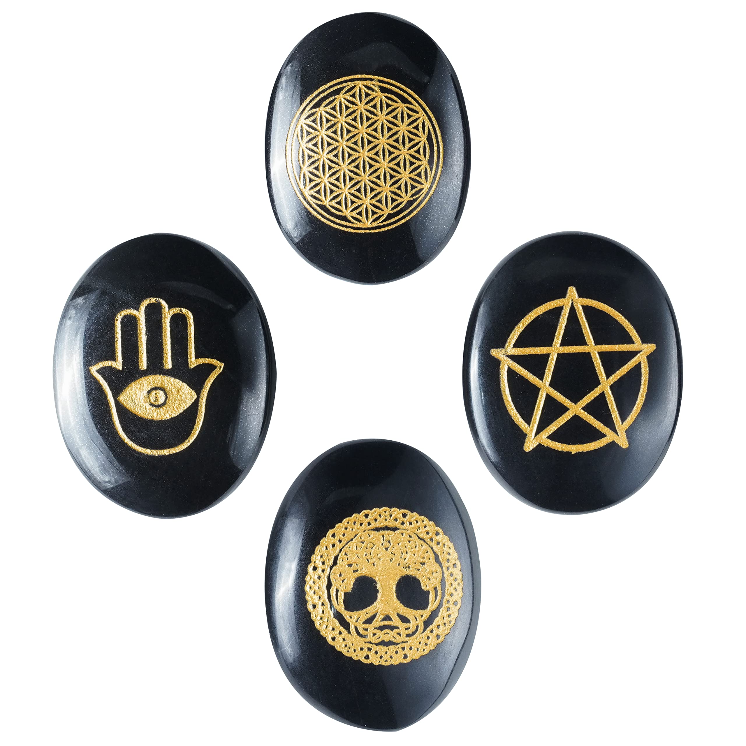 Crocon® black agate engraved stone (set of 4) Reiki symbols Polished Palm Stones sacred geometry symbols set for good luck Positive healing meditation gemstone gift set