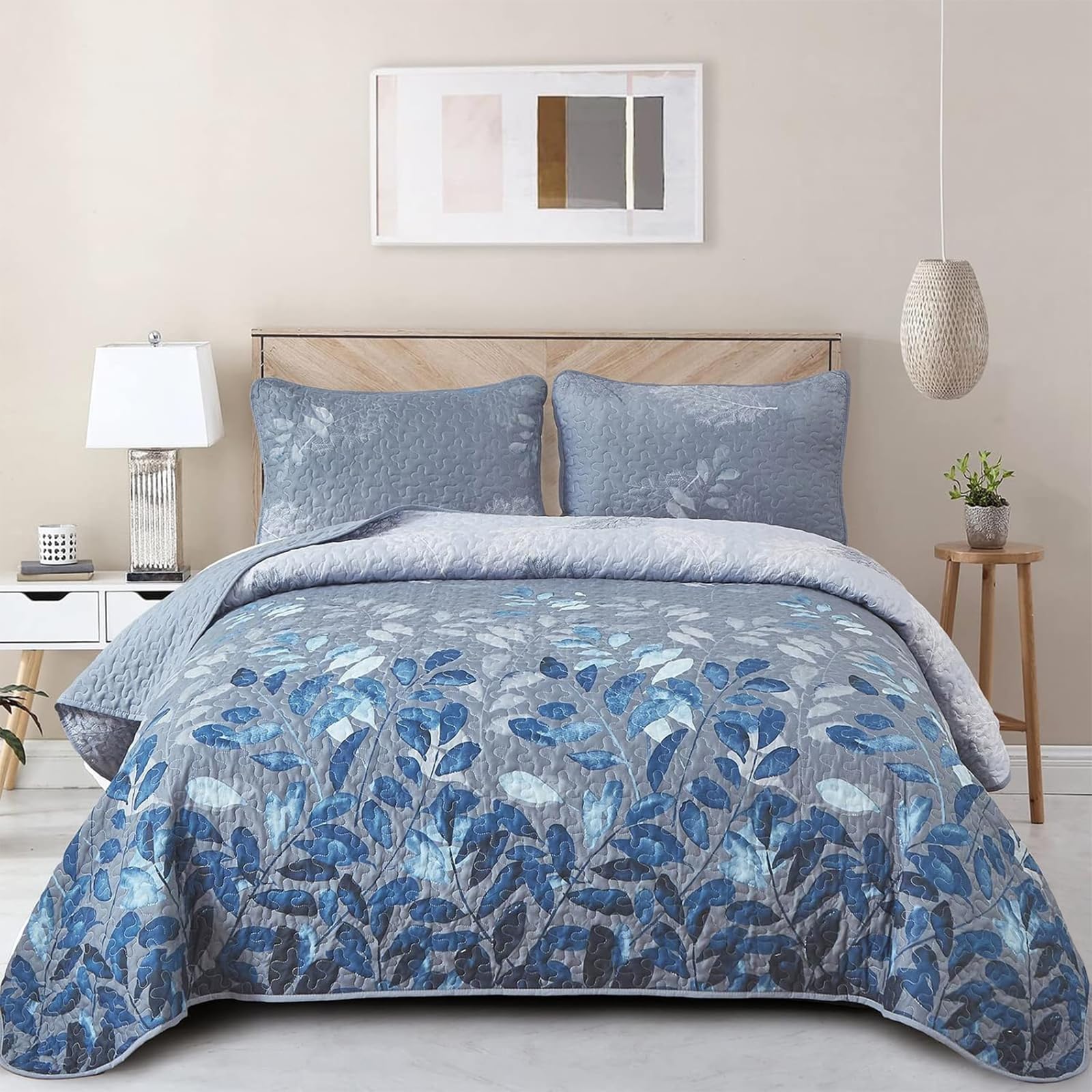 Photo 1 of WONGS BEDDING Blue Floral Quilt Set California King, 3 Pieces Botancal Leaves Bedspread Coverlet Set with 2 Pillowcases for All Season, Soft Microfiber Grey Blue Floral Bedding Set 106"×96"