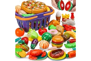 JASNKKONT 42 Items 87 Pcs Cutting Play Kitchen Set for Kids, Pretend Cooking Fruit &Vegetables&Fast Food with Storage Basket, Fake Food Toys for Toddler&Baby, Educational Gift for Girls Boys Children Birthday