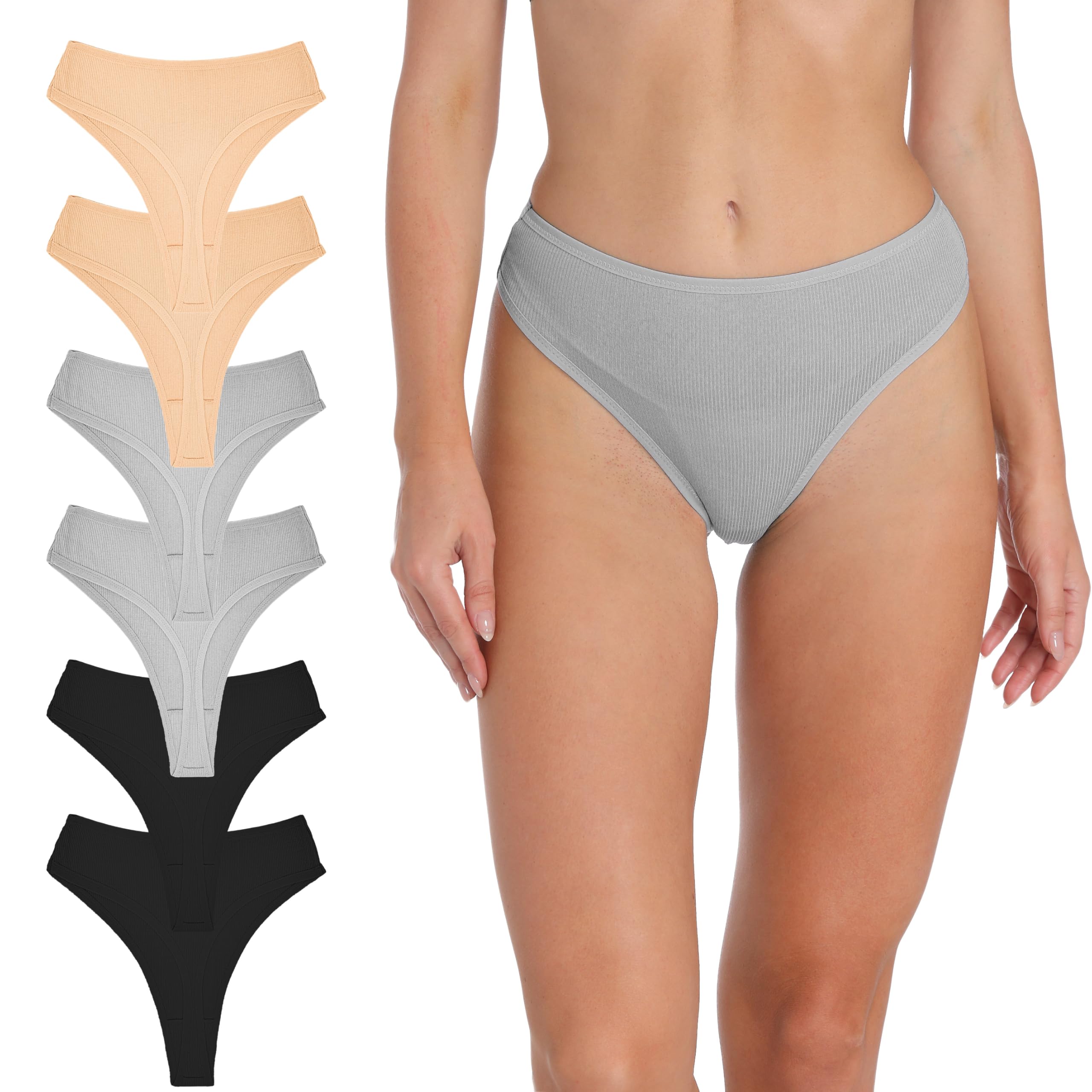 Photo 1 of PSEFNAGX High Waisted Women Underwear Ribbed Cotton Thongs Breathable Undies Tanga 6 Pack Size Large