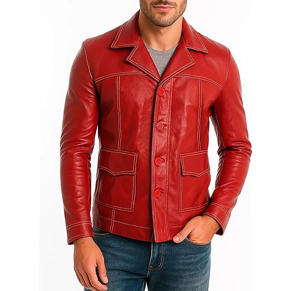 Men's Vintage Biker Leather Coat - Red Biker Motorcycle Jacket for
