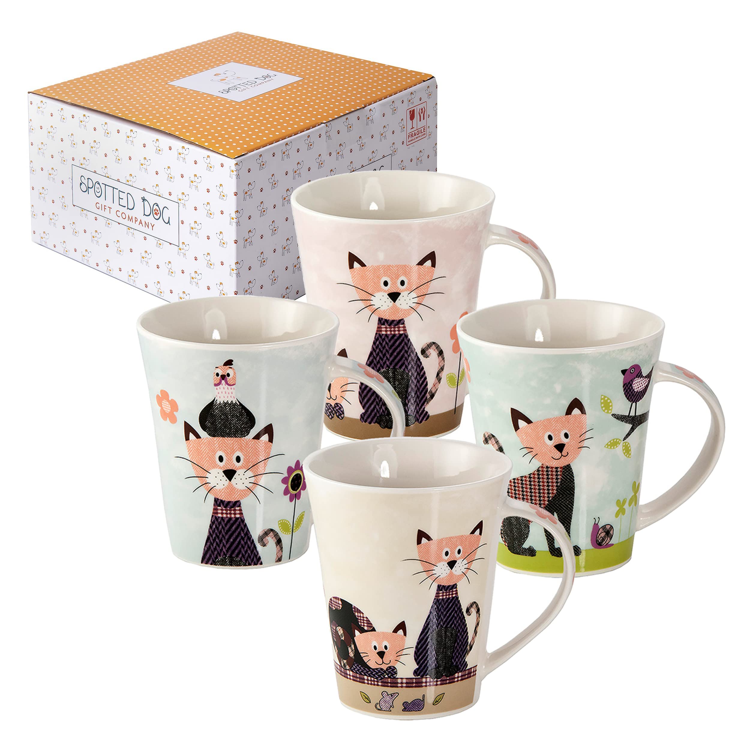 SPOTTED DOG GIFT COMPANY Cat Mugs Set of 4 – 360ml Ceramic China Coffee Mugs & Tea Cups, Cute Cats & Animal Friends Themed | Cat Gifts for Women, Christmas or Birthday Presents