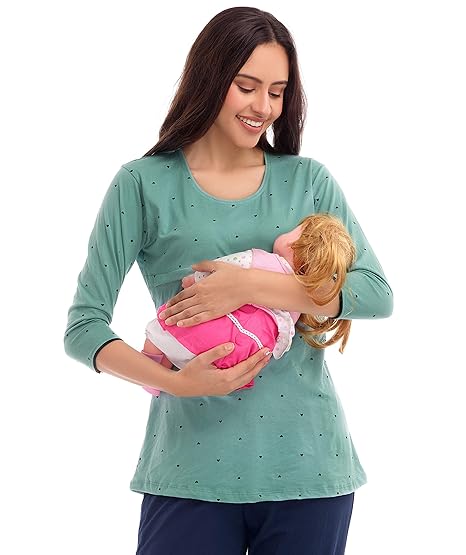 Womens Cotton Nightwear Navy Blue, Green, Rose Pink & Peach Heart Print Feeding Maternity Top