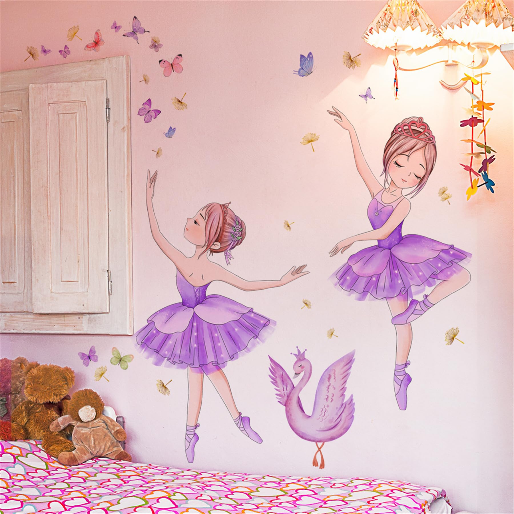 Girl Wall Stickers, Purple Dancing Girl Home Decor Wall Decals with Swan Butterfly, Wall Stickers for Girls Bedrooms Living Room Study Room Dance Classroom Wall Decor