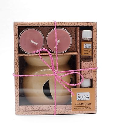 AuraDecor Gift Set Medium Size with a Oil Diffuser & 2 Tealight Candles & 10 ml Aroma Oil (Lemon Grass)