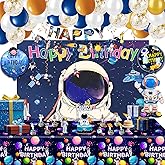 Outer Space Themed Birthday Party Decorations, Galaxy Backdrop Tablecloth, Happy Birthday Banner, Astronaut Foil Confetti Balloons, Cake Topper, Hanging Swirls for Boys Kids
