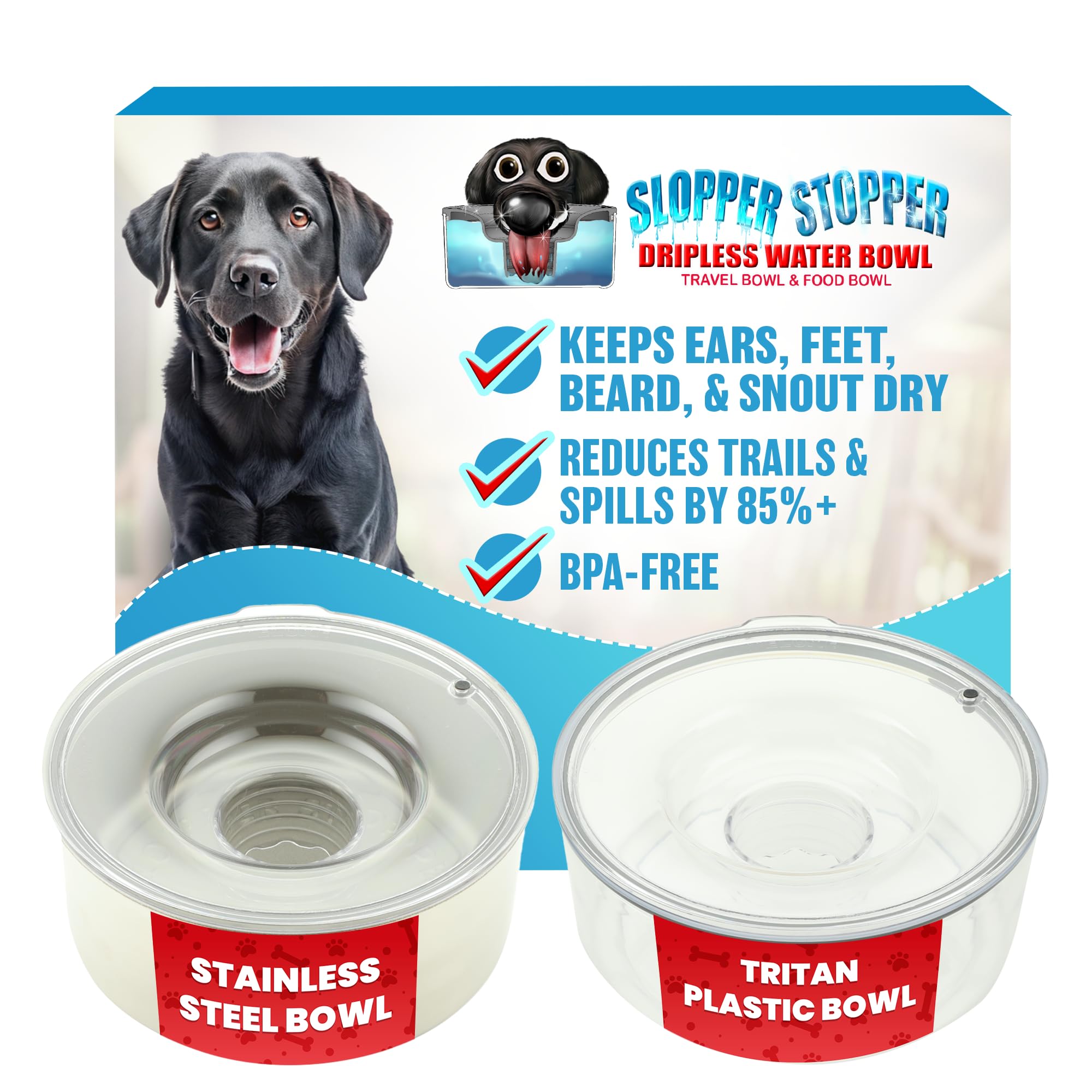 Slopper Stopper Dripless Water Bowl - Tritan Plastic Bowl Unit - For Large Breed Dogs 51-85 Lbs, 9.84” Dia, 1 Gallon Capacity