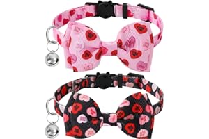 JarThenaAMCS 2 Pcs Valentine's Day Cat Collar with Breakaway Bell Bow Tie Pink Black Conversation Heart Adjustable Kitten Collars for Girl Boy Cats Small Pet Party