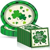 Happy St Patrick's Day Oval Paper Plates 11inch Shamrock Lucky Buffalo Plaid Plates and Napkins, Disposable Green Party Decoration Heavy Duty Spring Dish Tray Supplies Picnic Tableware, 25 Guest