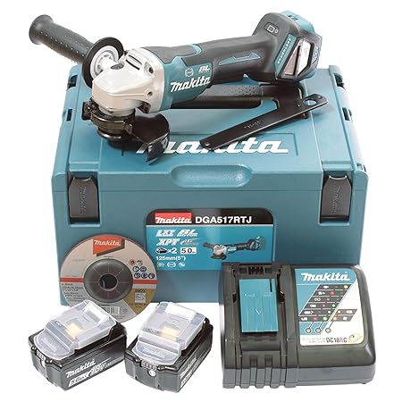 Makita DGA517RTJ Akku-Winkelschleifer 18 V / 5,0 Ah mit Paddleschalter, 2 Akkus + Ladegerät im MAKPAC,