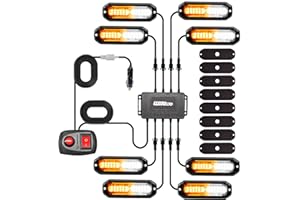 WINECO 8PCS LED Strobe Lights 12V Sync Feature Amber White 12LED Emergency Hazard Warning Lights with Strobe Controller for Trucks Vehicles ATV RV Cars Van