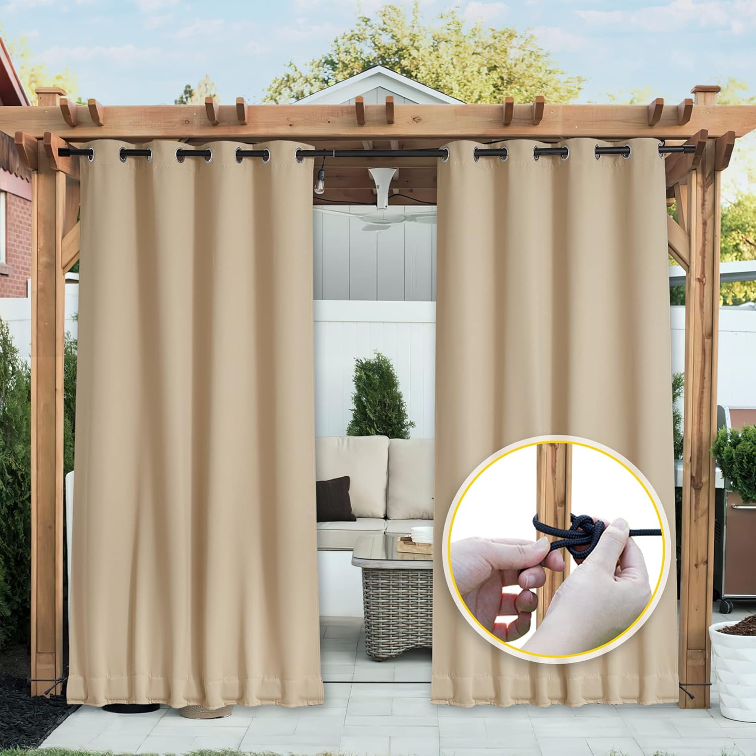 Outdoor Curtains - NICETOWN 2 Panels Outdoor Curtains for Patio Waterproof & Windproof, Thermal Insulated Top & Bottom Grommet & Back Tab Light Block Outdoor Drapes with Bouns Rope for Fixed, Biscotti Beige, W52 by L95